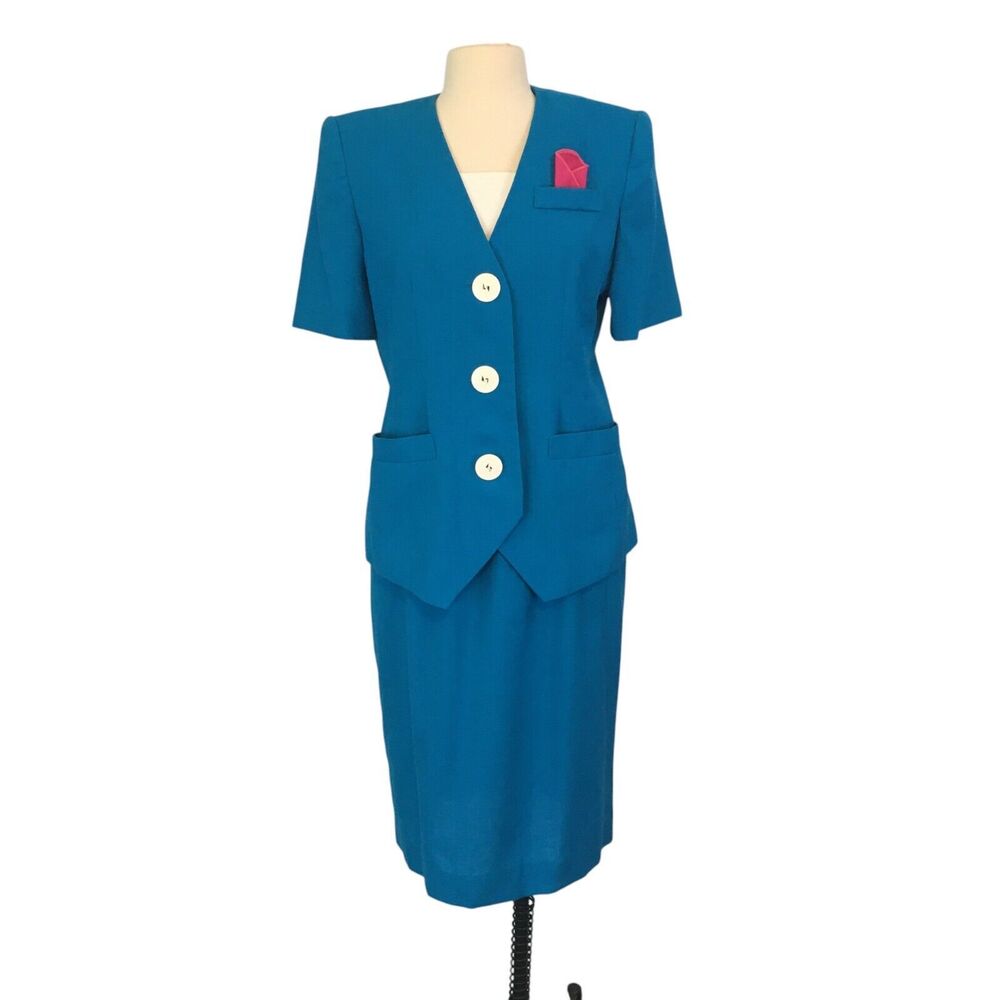 Leslie Fay Vintage 80s Teal Blue White Skirt Suit, Dress, 38 bust,‎ 30 waist